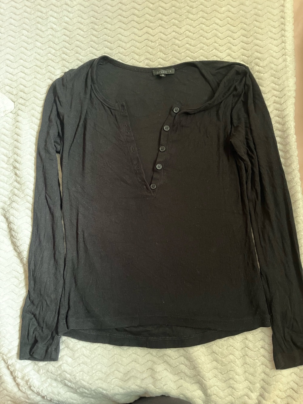 Dynamite Black Long-Sleeve Ribbed Henley Shirt